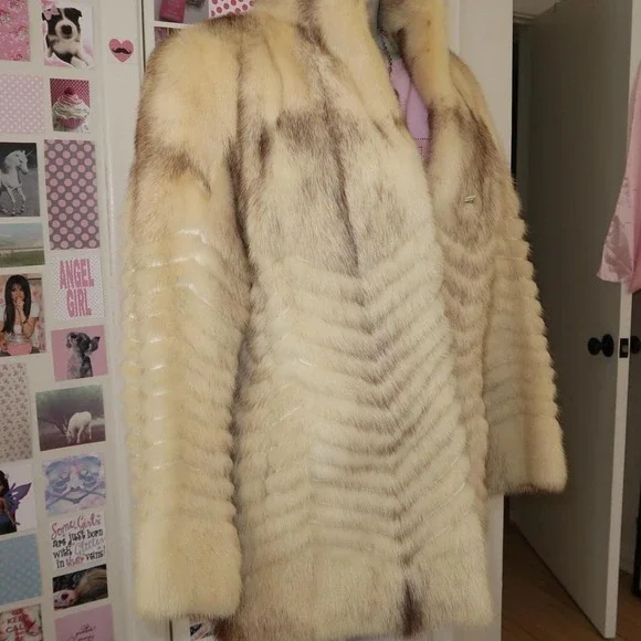 Vintage cream tan real fur Chevron mid-length Mink Fur Coat - Picture 5 of 8